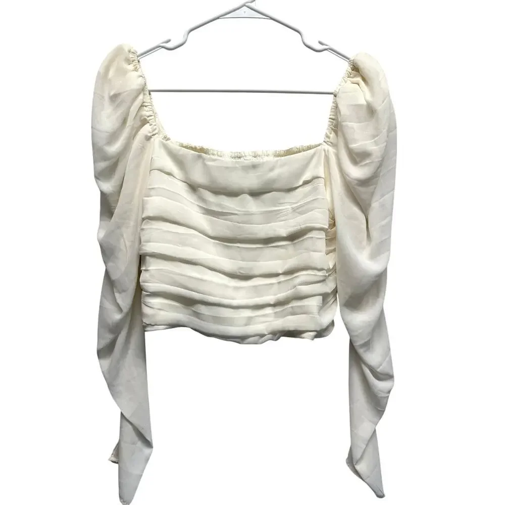 Abercrombie & Fitch White Ruched Puff Sleeve Crop Blouse L Romantic Peasant Top